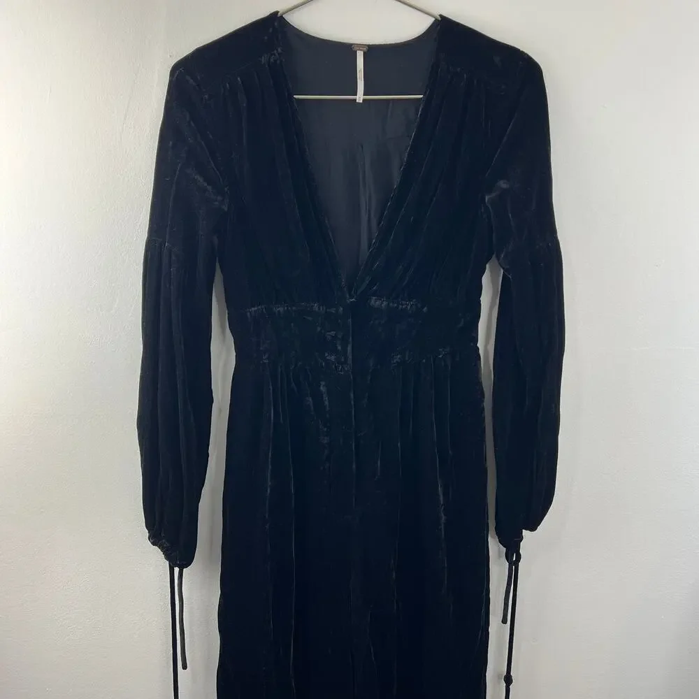 FREE PEOPLE True Lovin' Black Velvet Balloon Sleeve One Piece Jumpsuit Size XS